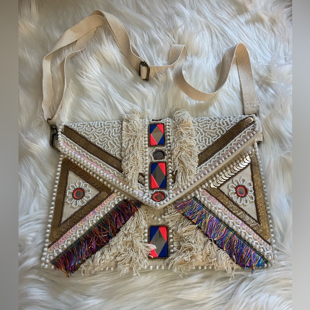 Lulus Tribal Chic Crossbody Bag - Cream and Multicolor